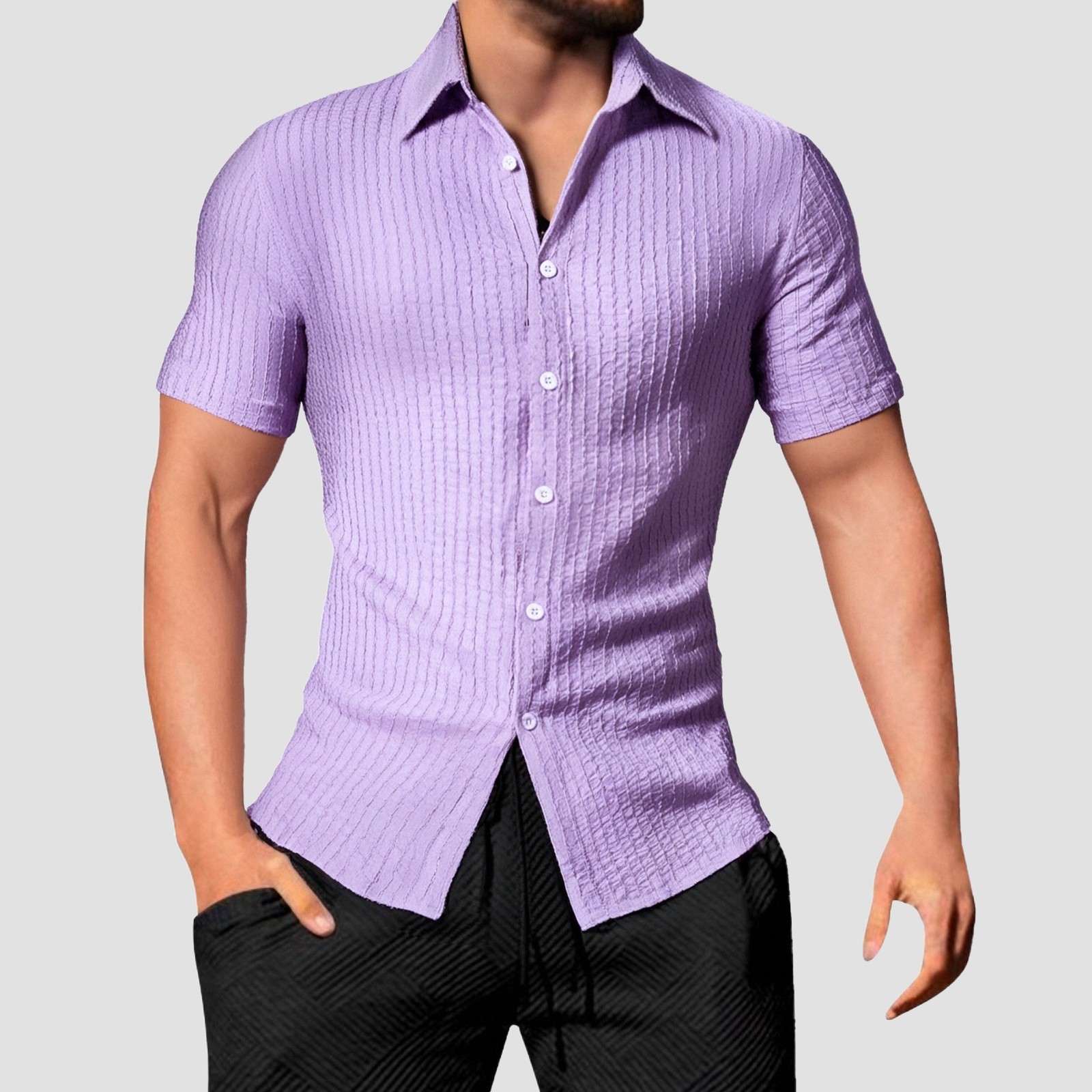 thumbnail image 4 of Camisa informal de manga corta a rayas para hombre: cuello abierto, corte holgado, para el verano, diseño resistente a las arrugas y fácil de cuidar, 4 of 6